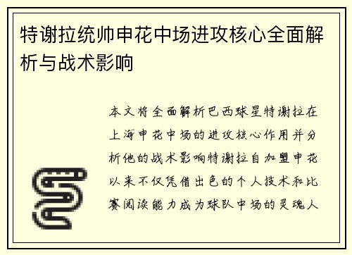 特谢拉统帅申花中场进攻核心全面解析与战术影响